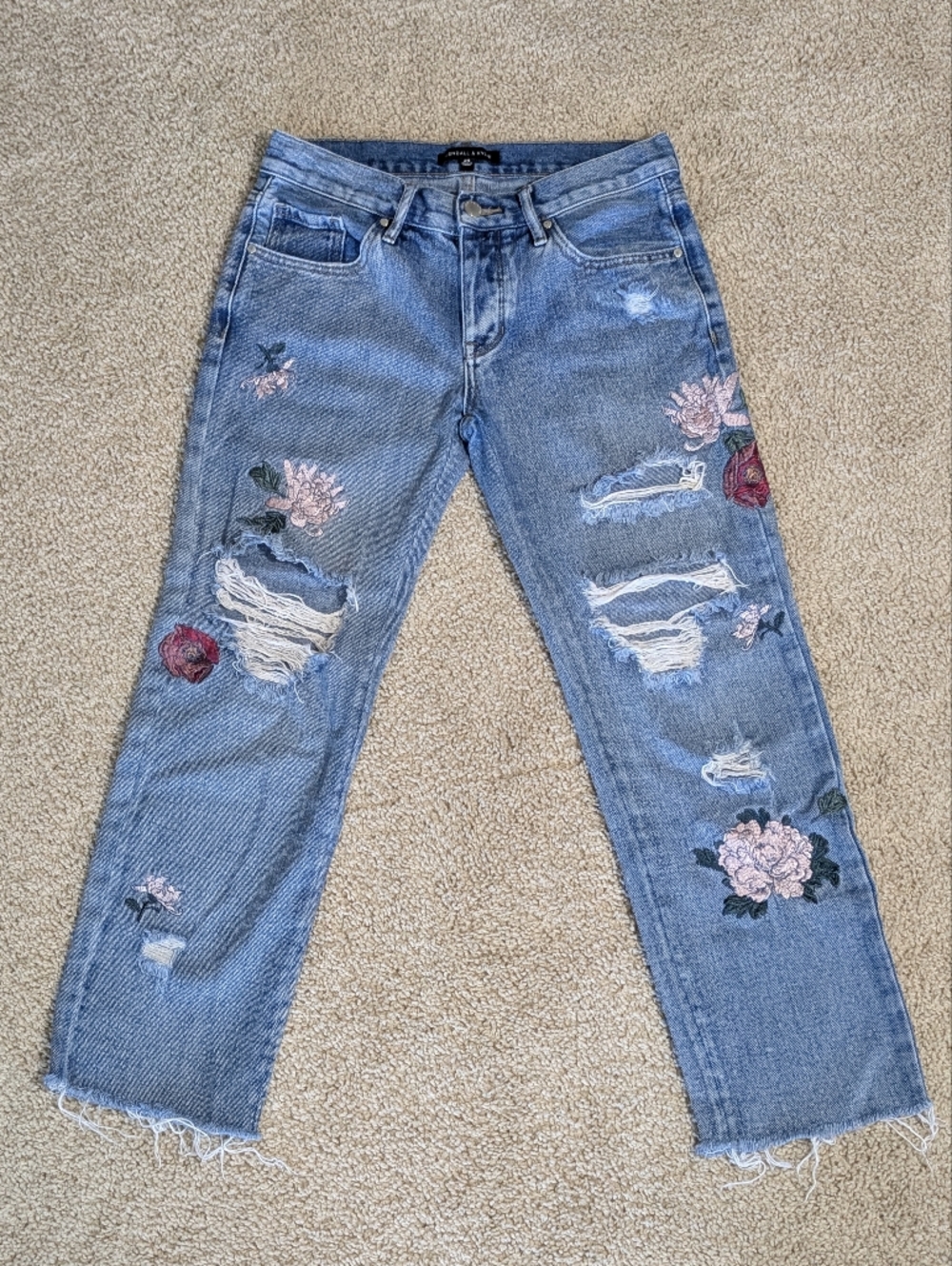 Kendall + Kylie Distressed Boyfriend Jeans, Floral, Blue, Size 24